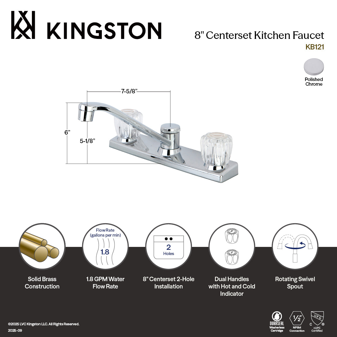 Kingston Tulare KB121Two-Handle 2-Hole 8" Centerset Kitchen Faucet, Polished Chrome — thumbnail 2
